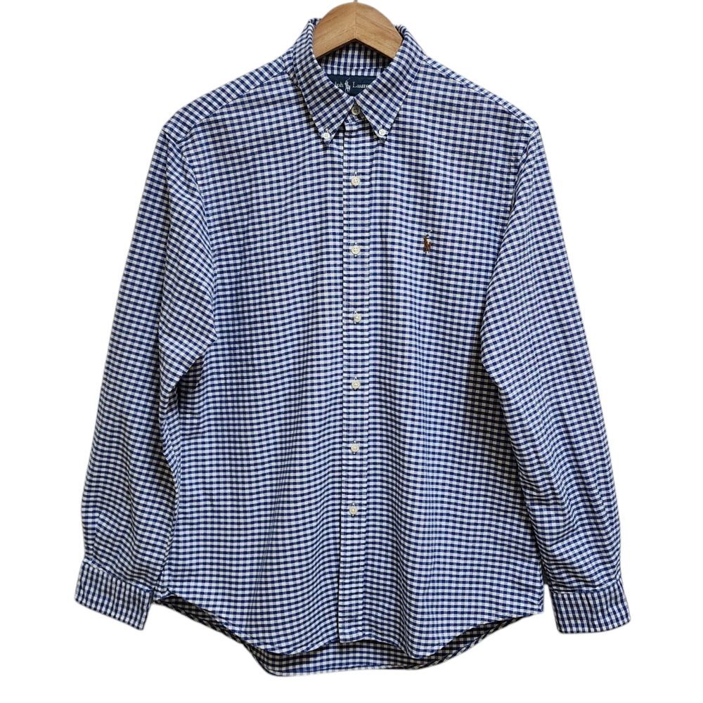 Ralph Lauren Shirt Mens Large Blue Gingham Check Cotton Button Tan Pony Preppy